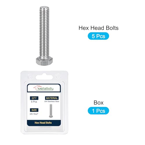 Image of METALLIXITY Hex Head Bolts (3 /8-16 x 2) 5Pcs, 304 Stainless Steel 18-8, Fully Threaded, External Hex Drive, Plain Finish, Hex Head Screw Bolt, Silver