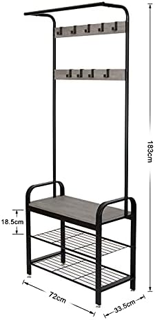 Meerveil Coat Stand, Coat Rack with Shoe Storage Bench, Metal Clothes Rail with 9 Removable Hooks, Industrial Style for Hallway Entrance, 72 x 34 x 183 cm, Grey
