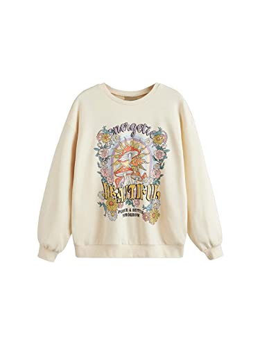 Sweatyrocks Women's Casual Sweatshirt Long Sleeve Graphic Print Pullover Tops Beige Mushroom S #TOP22