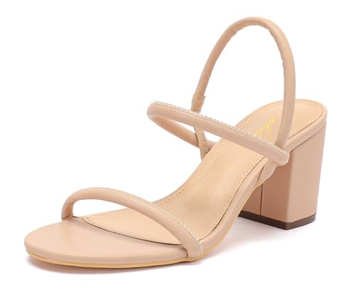 geluboao Heels for Women Classic Open Round Toe Three Straps Slip On Block Low Heel Sandals Strappy Ankle Strap Chunky Heeled Sandals Party Wedding Dress Shoes