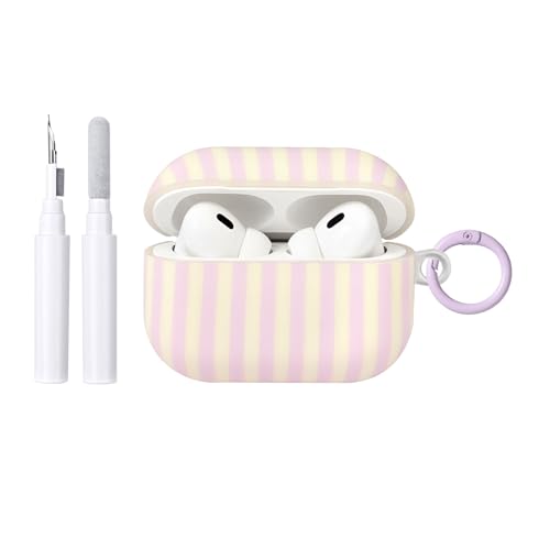 Reownest Kompatybilny z etui AirPods Pro 3 generacji z zestawem do czyszczenia, śliczny modny wzorowany etui z paskami, antywstrząsowy kluczyk z miękkim zamknięciem - fioletowy