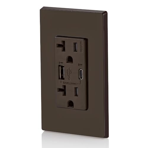 Image of Leviton T5834-B 60W (20V@2.5A+ 5V@2A) USB Dual Type A /Type-C Power Delivery in-Wall Charger with 20A Tamper-Resistant Outlet, USB Charger for Smartphones, Tablets, Laptops, Brown