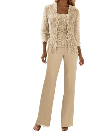3 Pieces Mother of The Bride Pant Suits for Wedding Champagne Pantsuits for Wedding Guest Chiffon Cocktail Outfits for Women 2024 Size 12