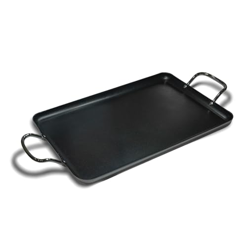 Double Burner Griddle?19 x 11 ½ inch ?Aluminum with non-stick coating inside/polished bottom with stainless steel handle?black