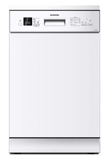 Infiniton Lavavajillas DIW-A45B de Ancho 45 cm, E, Blanco, 10 Servicios, 7 Programas, 47 dB, Inox, Control electrónico por pantalla LED