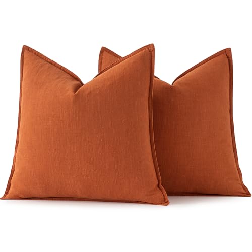 Image of MIULEE Decorative Linen Pillow Covers 20x20 Inch Burnt Orange Boho Farmhouse Neutral Couch Throw Pillows for Bed Pack of 2 Accent Modern Pillowcase Summer Sofa Livingroom Home Decor