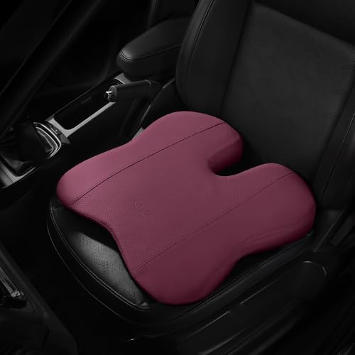 Image of Frido Premium Car Wedge Seat Cushion with Memory Foam Support and Coccyx Cutout, Luxe Leatherette Finish, Tailbone and Hip Pain Relief, Comfortable Support for Long Drives Travel & Daily Use | Maroon