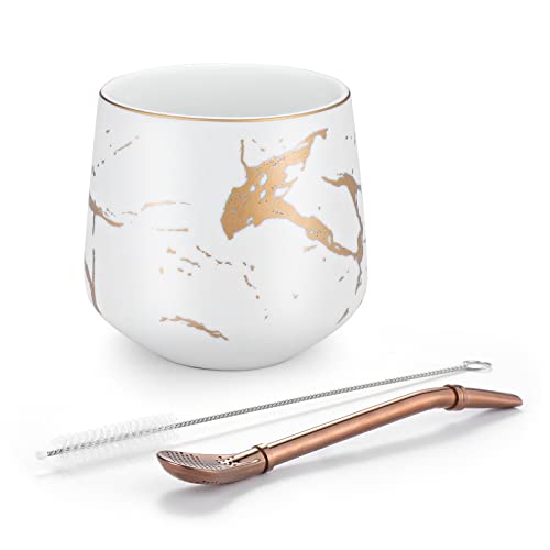 Mug, 200 ml Yerba Mate, tasse à thé en marbre, tasse à thé maté, bombilla (paille matée) et brosse de nettoyage (blanc) Cover