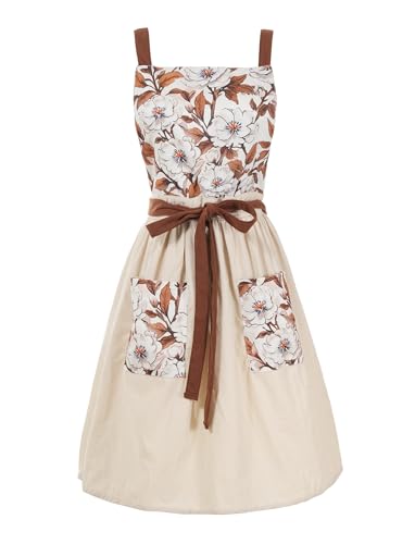 Pinknoke Vintage Pinafore Apron Dress for Women with Pockets Cute Floral Chef Aprons for Kitchen Cooking Baking Gardening (Beige)