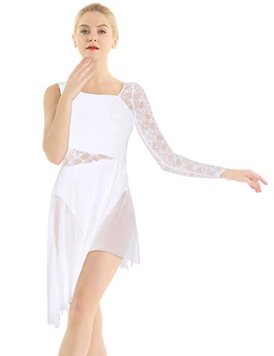 Foto von iixpin Damen Tanzkleid Spitze Ballettkleid Ballettanzug mit Asymmetrisches Rock Single Langarm Ballett Trikot Latein Tango Dancewear Weiß Medium