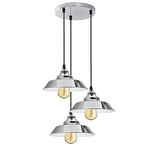 LEDSone Industrial Vintage Chrome Ceiling Light, 3 Heads Ceiling Light, ‎Modern Style Metal Hanging Shade for Kitchen Island Living Dining Room E27