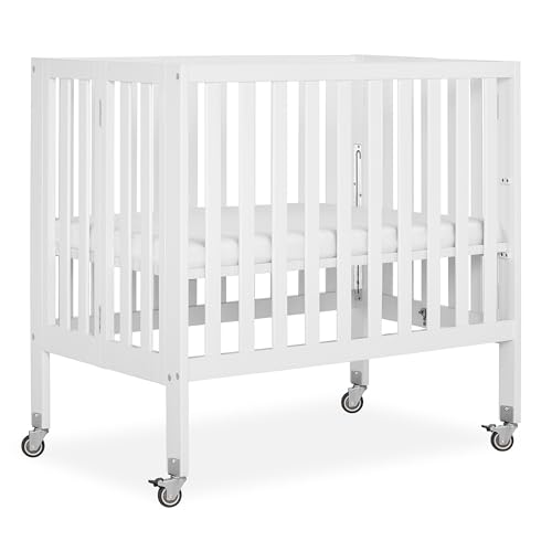 Image of Dream On Me Jett Mini Folding Baby Crib in White, GreenGuard Gold & BSA, Lightweight & Portable, Patented Flat Folding System for Small Spaces & Travel, 1.5” Mattress Pad, 3 Heights, Safe Wheels