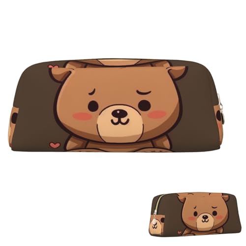 FZQVSLCM 筆箱 レザー ペンバッグ 旅行 メイクバッグ 漫画 茶色 かわいい くま トイレタリーバッグ ポータブル コスメバッグ 小銭入れ, ゴールド, One Size