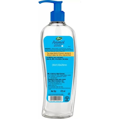 Image of Dabur Anmol Jasmine Coconut Hair Oil Pack of 2 (475ml x 2), for Nourished & Frizz-Free Hair, Strengthens with Coconut, Jasmine & Almond Protein