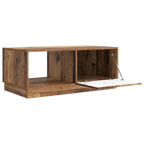 Table basse bois vieilli avec 2 grands compartiments de rangement et poignées robustes