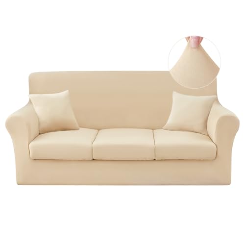 JQinHome 6 Piece Stretch Sofa Cover Couch Cover, Sofa Slipcover with 3 Separate Cushion Cover, Washable Furniture Protector for Living Room(Sofa, Beige)