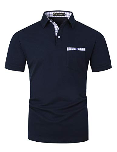 GHYUGR Polos Manga Corta Hombre con Bolsillo Real de Costura a Rayas Camiseta Verano Golf Tennis T-Shirt Trabajo Camisas,Azul Marino,L