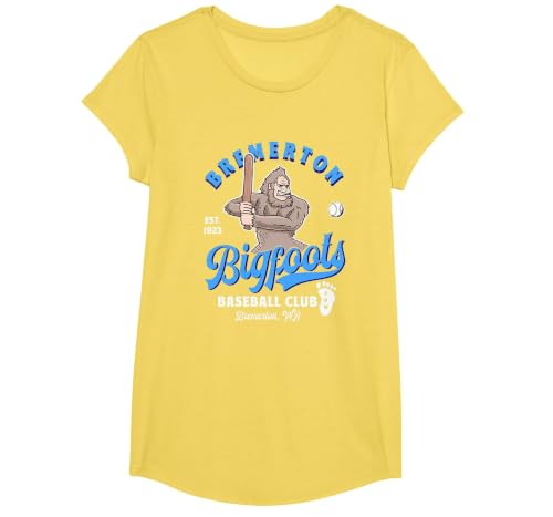 Funny Bigfoot Baseball Retro Minor League Baseball Team T-Shirt, Girls, Lemon Yellow, Large