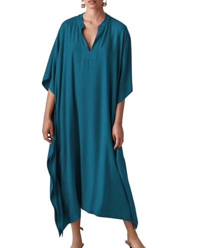 Bsubseach Mujeres Pavo Real Azul Sedoso Kaftan Vestidos Batwing Manga Traje de baño Cubrir V Cuello caftán Maxi Vestido de Verano