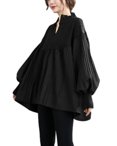 ellazhu Pull Patchwork Mujer Cuello en V Mangas Abullonadas Tops de Punto GZ57 Negro