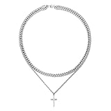 JSNOM Collar para hombre Cruz Plata: Cadena Cruz Colgante Collares Largos Acero Inoxidable para Día de San Valentín Navidad Regalo de Cumpleaños Joyería Cadena Cruz para Amigo Hijo Marido Hombres (CM
