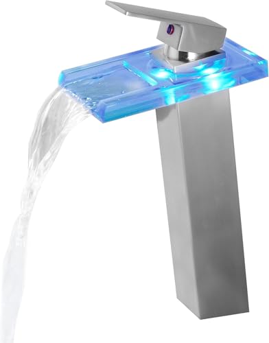 Rzoeox Robinet d'évier de salle de bain à LED, robinet d'évier haut cascade à poignée unique, 1 trou et 2 lignes d'alimentation en eau, robinet en laiton...