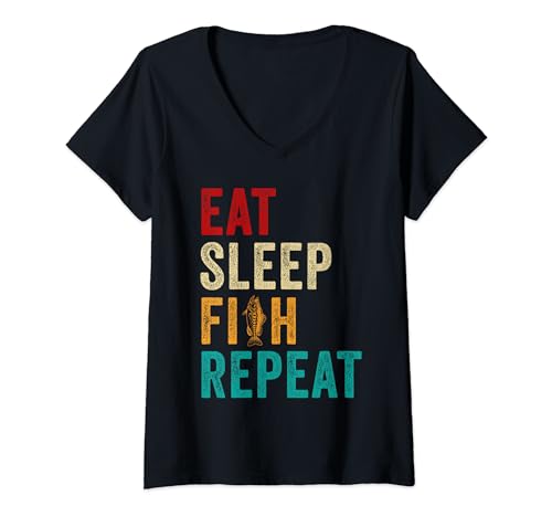 Donna Eat Sleep Fish Repeat Funny Fishing Gifts Fisherman Retro Maglietta con Collo a V