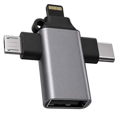 Image of 4-in-1 OTG Adapter Converter Multi-Port Hub with Lightening, Type-C, Micro USB & USB 2.0 Compatible for iOS, Android, Tablets & More - 480 Mbps Fast Data Transfer & Universal Compatibility Grey