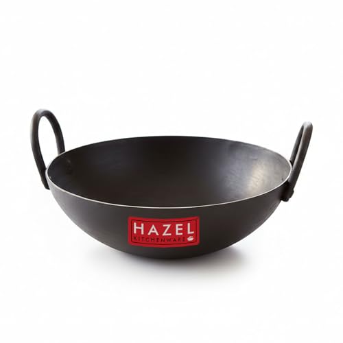Image of HAZEL Iron Kadhai with Black Handle | 26cm, 2.3L | Lohe ki Kadhai | Traditional Healthy Cooking Utensils | Heavy Base Iron Wok
