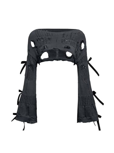 Image of BEAUDRM Women's Crochet Bolero Shrug Goth Grunge Outfits Bell Sleeve Sweater Bow Pullover Crop Top