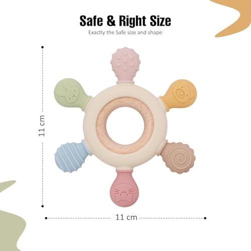 Image of Silicone & Wooden Baby Teether for 3+ Months, BPA Free Soft Teething Toy, Safe Teether for Infants, Round Shape, Silicone Rudder with Wooden Ring Soothe Babies Gums (Beige)