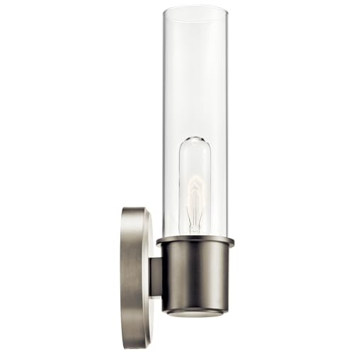 Image of Kichler Aviv 1-Light Wall Sconce, Modern Light with Clear Glass in Brushed Nickel, for Bedroom, Laundry Room, Kitchen or Hallway (13 inch x 5.5 inch), 52653NI