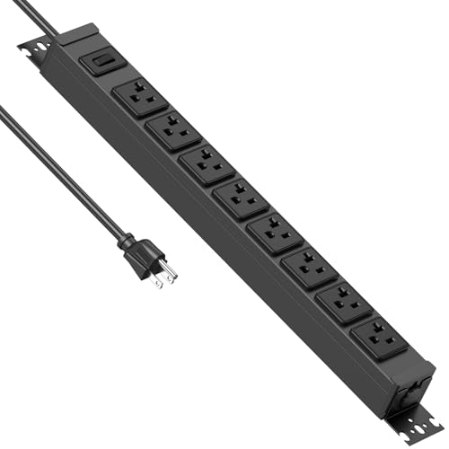 JUNNUJ Heavy Duty Power Strip Wall Mount, 20 Amp Surge Protector 1200J Metal 8 Outlet Under Desk Mounted 20A, Garage Power Table Socket Industrial Outlets 6-20R T-Slot, Black-6FT 12AWG Extension Cord