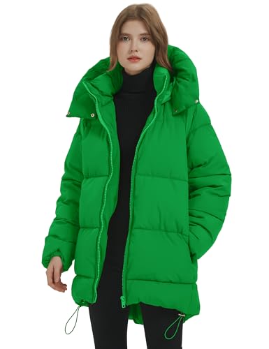 PEHMEA Women Mid-Length Puffer Hooded Jacket Winter Padded Warm Coat Thicken Outerwear Coats(Green-XS)