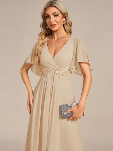 Image of Ever-Pretty Womens V Neck Applique Mother of the Bride Dresses Formal Dress | Chiffon, Short Sleeves, Ruched, A-Line, Bridesmaid Dresses, Formal Gown, Black Tie Dress