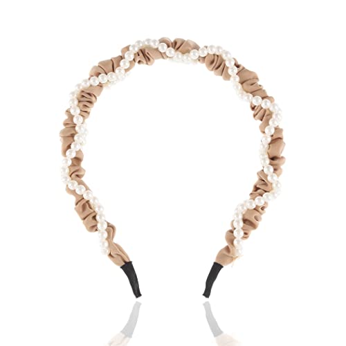 Casdre Pearl Headband Light Brown Fashion Twisted Knotted Headband Chiffon Cross Hair Band Bridal Hair Hoop Hair Accessories For Women And Girls #TOP14