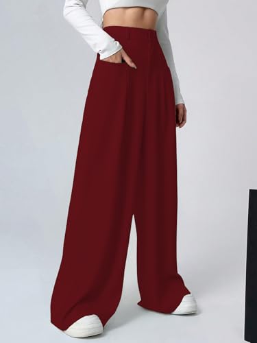 Image of Shasmi Women's Loose Mid Rise Solid, Pleated Trousers, Wide Leg Pocket Casual Long Korean Trousers Pant (146)
