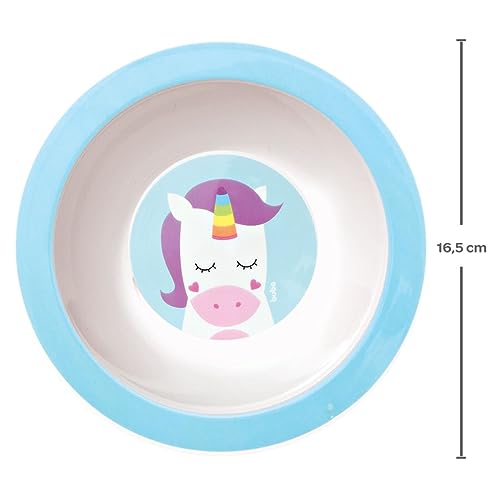 Kit Refeição Infantil 4 Peças Prato Raso, Bowl, Kit Talher Colher e Garfo e Babador com Pega Migalha