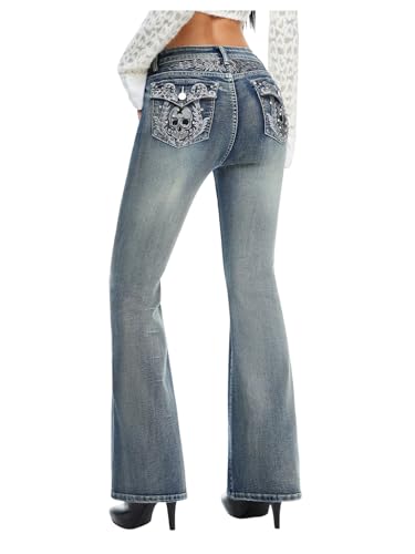 WDIRARA Women's Low Rise Flare Jeans Embroidery Rhinestone Bell Bottom Denim Pants