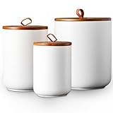 JOJUNO White Ceramic Food Storage Canister Set (30 oz, 48 oz, 82 oz) with Bamboo Lids, 3-Piece Airtight Jars for Flour, Sugar, Coffee, Tea, Oats, Spice – Kitchen Storage Containers with Lids