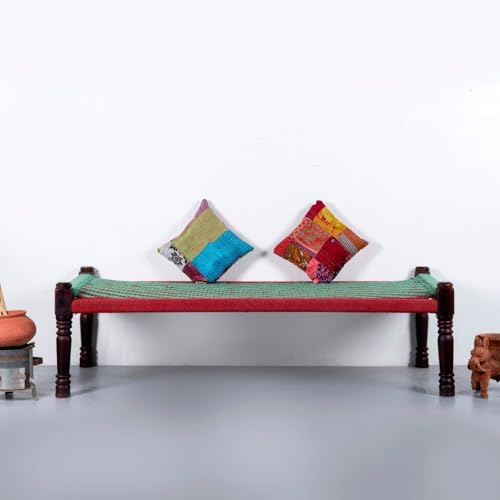Image of Solid Sheesham Wood Charpai Khat | Handcrafted Daybed Khatiya Charpai with Cotton Rope | Traditional Khat Bed Wooden Diwan Cot for Living Room | 6X3 Feet | Green and Red
