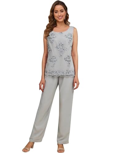 3 Piece Mother of The Bride Pant Suits Wedding - 3/4 Long Sleeve Chiffon Lace Dressy Women Formal Evening Outfit Jacket4