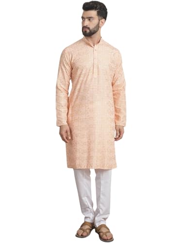 Sojanya (Since 1958 Men's Cotton Foil Printed Peach Kurta With Churidaar Pyjama