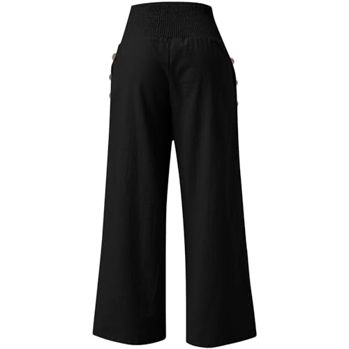 Linen Palazzo Pants for Women Casual Smocked Elastic High Waisted Wide Leg Pants Oversize Lounge Pants with Pockets4