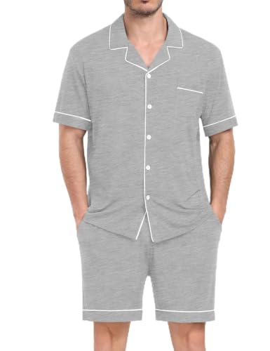 Image of Mens 2 Piece Short Sleeve Button Down Pajama Set, S-3XL | Soft Modal Fabric, Cool Lightweight Sleepwear & Loungewear with Pockets, Home Relaxing