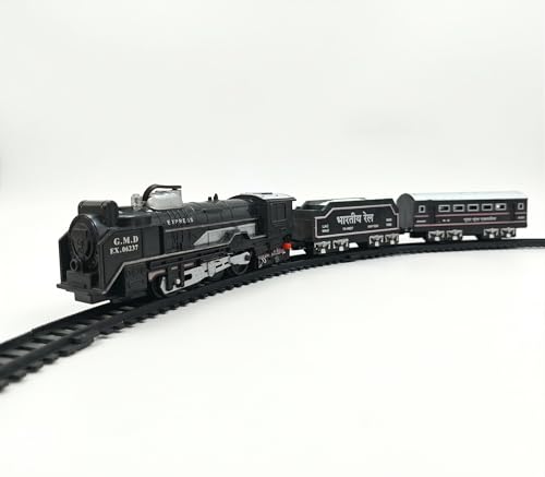 Image of VU Toys Small Rail Gadi Train Set for Kids (3+ Years) | Rechargeable Engine with Coal & Passenger Coach | Water Smoke, Hindi Music, Lights & Sound | C-Type Charging | 10 Round Tracks (Black)