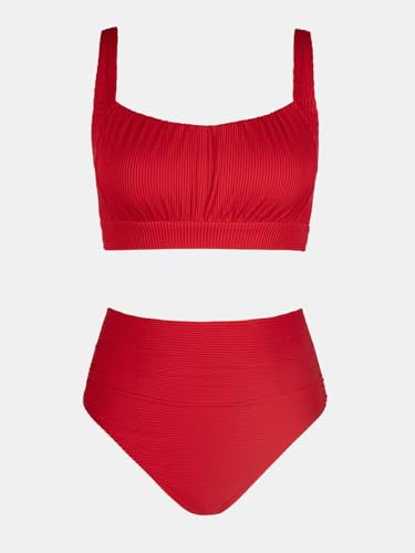 Image of CUPSHE Women's Tummy Control High Waisted Bikini Set Textured Bathing Suit | Removable Soft Cups, Ruched, Adjustable Wide Straps, Ribbed Texture, Twist Back Detail, Full Coverage, Sporty, Beach Vacation