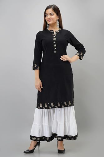 Image of Women Rayon Straight Golden Foil Printed Kurta with Palazzo || Kurti with Palazzo Set for Casual Party & Festival Wear in Round Neck with 3 /4 Sleeve for Girls