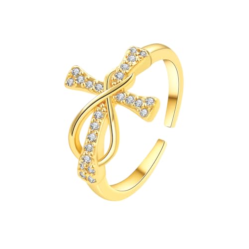 Elurent 18K Gold Plated Cross Infinity Open Ring for Women, Cubic Zirconia Adjustable Love Knot Faith Ring, Dainty Stackable Fashion Jewelry Gift (Gold) by Elurent - Used condition - US$6.66
