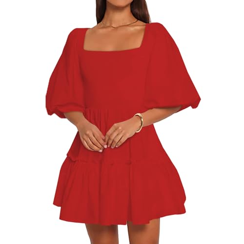 Women Puff Half Sleeve Square Neck Mini Dresses Elastic Waist Elegant Summer Casual Ruffles Dress2